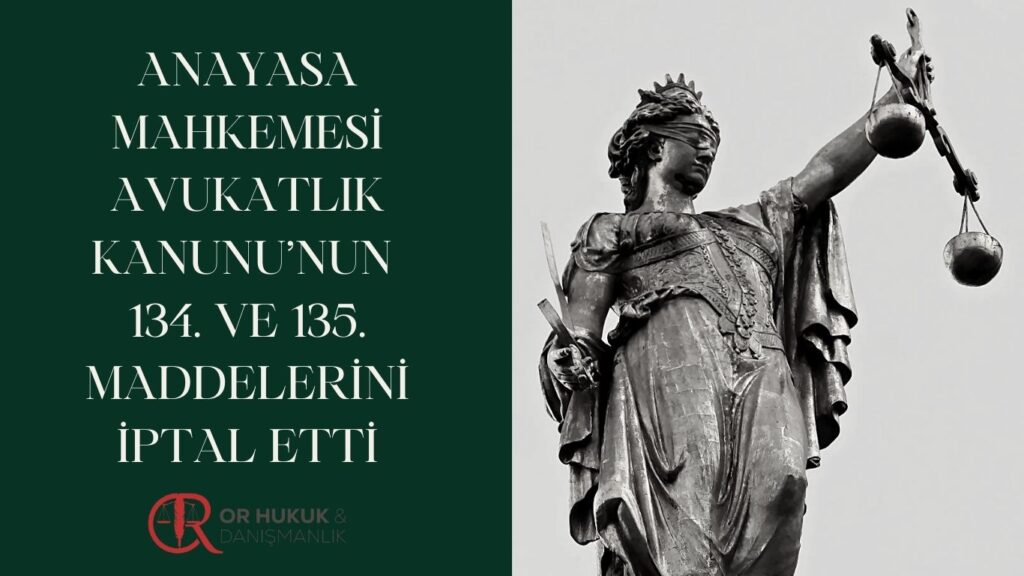 Anayasa Mahkemesi, bugün Resmi Gazetede yayımlanan kararıyla Avukatlık Kanunu'nun 134. ve 135. maddelerini iptal etti. Bu maddelerde avukatlara uygulanacak disiplin cezalarına yer verilmekle birlikte, hangi fiilin hangi disiplin cezasını gerektirdiği belirtilmemekteydi. Anayasa Mahkemesinin kararı bu anlamda önemli bir karar. Karar 9 ay sonra yürürlüğe girecek. Bu sürede yeni yasal düzenleme yapılmasını bekleyeceğiz.