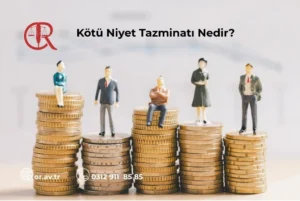Kötü niyet tazminatı başlığı ile para yığınları üzerinde insan figürleri.